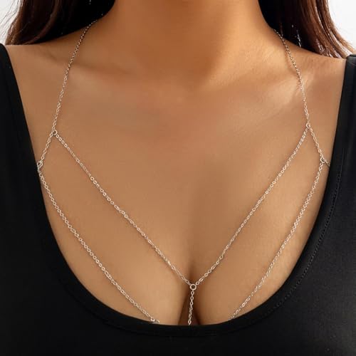 Carufin Bikini BH Body Chain Sexy Kreuz Brust Kette Dessous Halskette Nachtclub Zubehör Einstellbarer Schmuck für Frauen Mädchen (Silber) von Carufin