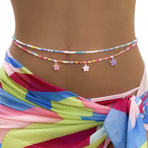 Carufin Blume Anhänger Taillenkette Bunte Reisperlen Mehrschichtige Körperkette Sommer Strand Kostüm Zubehör Frauen und Mädchen Schmuck von Carufin