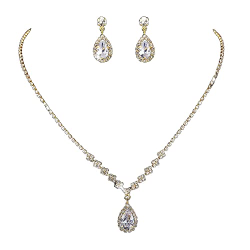 Carufin Braut Braut Kristall Halskette Ohrringe Set Silber Braut Choker Halsketten Anhänger Schmuck für Frauen und Mädchen (Gold) von Carufin