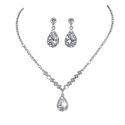 Carufin Braut Braut Kristall Halskette Ohrringe Set Silber Braut Choker Halsketten Anhänger Schmuck für Frauen und Mädchen (Silber) von Carufin