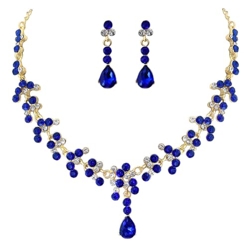 Carufin Braut Hochzeit Kristall Halskette Ohrring Set Braut Halsketten Schmuck Zubehör für Frauen und Mädchen (Blau) von Carufin