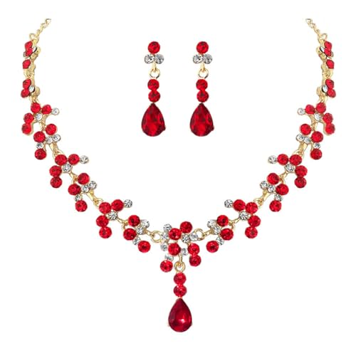 Carufin Braut Hochzeit Kristall Halskette Ohrring Set Braut Halsketten Schmuck Zubehör für Frauen und Mädchen (Rot) von Carufin