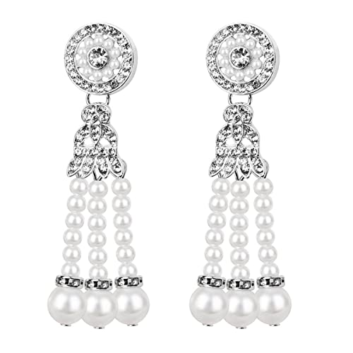 Carufin Braut Hochzeit Prom Party Stirnband Kristall Blätter Elastische Haarschnur Perle Quaste Anhänger Ohrringe Maskerade Ball Zubehör (Silber Ohrringe) von Carufin