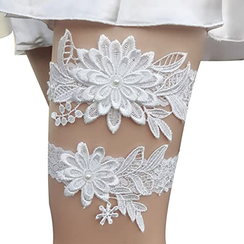 Carufin Braut Hochzeit Strumpfband Spitze Strumpfband Elastische Bein Ring Blume Prom Strumpfband Set Braut Zubehör für Frauen und Mädchen (Weiß) von Carufin