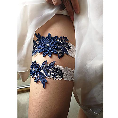 Carufin Braut Hochzeit Strumpfband Spitze Strumpfband Elastischer Beinring Blume Abschlussball Strumpfband Set Brautzubehör für Frauen und Mädchen (Marineblau) von Carufin