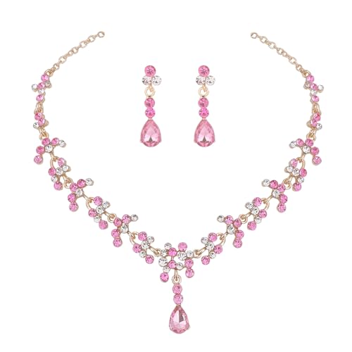 Carufin Braut Hochzeit Kristall Halskette Ohrring Set Braut Halsketten Schmuck Zubehör für Frauen und Mädchen (Rosa) Carufin Braut Hochzeit Kristall Halskette Ohrring Set Braut Halsketten Schmuck Zubehör für Frauen und Mädchen (Rosa) von Carufin