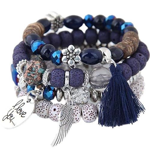 Carufin Crystal Multilayer Türkis Armbänder Boho Perlen Quaste Elastizität Armband Hand Accessoires Schmuck für Damen und Herren (Blau) von Carufin