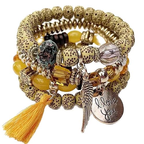 Carufin Crystal Multilayer Türkis Armbänder Boho Perlen Quaste Elastizität Armband Hand Accessoires Schmuck für Damen und Herren (Gelb) von Carufin