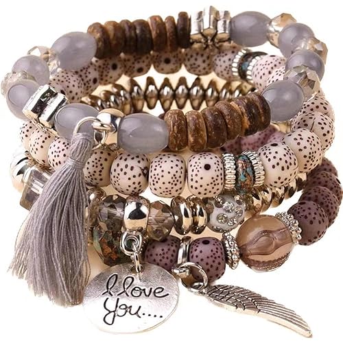 Carufin Crystal Multilayer Türkis Armbänder Boho Perlen Quaste Elastizität Armband Hand Accessoires Schmuck für Damen und Herren (Grau) von Carufin