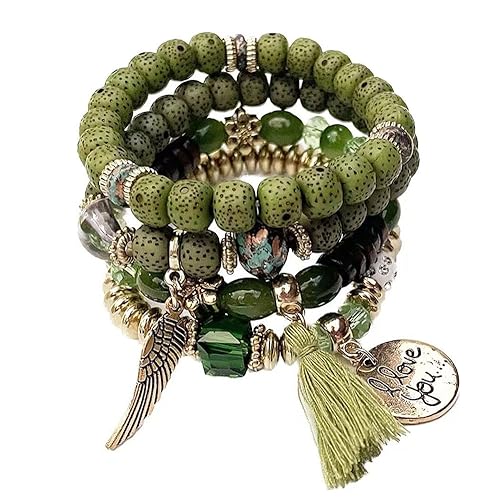 Carufin Crystal Multilayer Türkis Armbänder Boho Perlen Quaste Elastizität Armband Hand Accessoires Schmuck für Damen und Herren (Grün) von Carufin