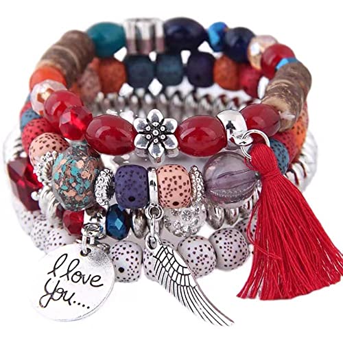 Carufin Crystal Multilayer Türkis Armbänder Boho Perlen Quaste Elastizität Armband Hand Accessoires Schmuck für Damen und Herren (Rot) von Carufin