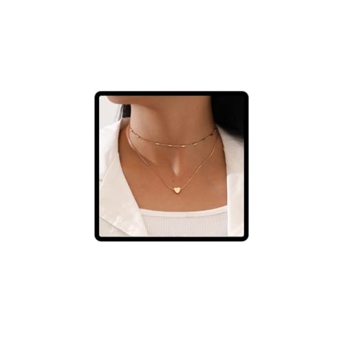 Carufin Double Layer Love Heart Pendant Halskette Four Petals Flower Clavicle Chain Choker Halsketten Jewelry Adjustable Chain for Women and Girls (Liebes-Herz-Gold) von Carufin