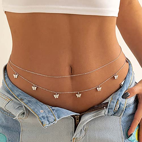 Carufin Double Layer Taillenketten Schmetterling Bauchkette Mode Körper Accessoires Schmuck für Frauen und Mädchen (Silber) von Carufin
