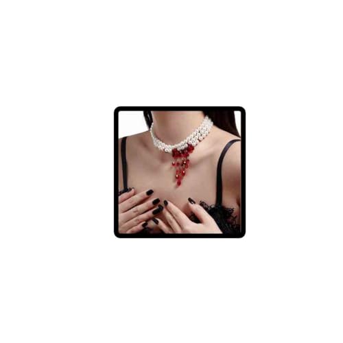 Carufin Halloween verstellbare Tropfen Blut Tassel Elegante rote Kristall Tropfen Perle Halskette Multi-Layer Clavicle Kette für Frauen (Weiß) von Carufin