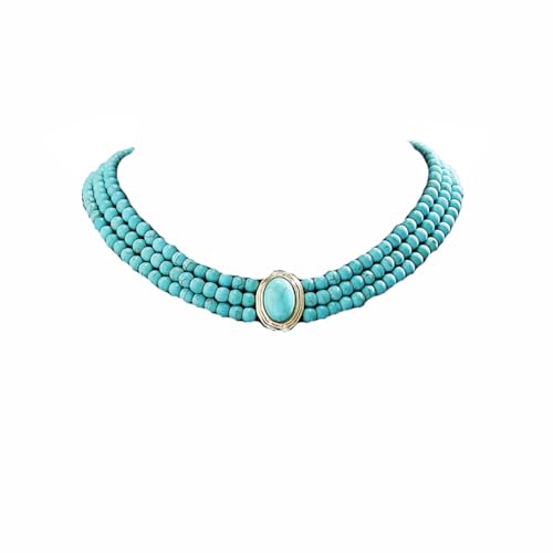 Carufin Halskette mit türkisfarbenen Perlen, mehrreihig, handgefertigt, Schmuck für Damen und Mädchen, Einheitsgröße, Metall Carufin Halskette mit türkisfarbenen Perlen, mehrreihig, handgefertigt, Schmuck für Damen und Mädchen, Einheitsgröße, Metall von Carufin