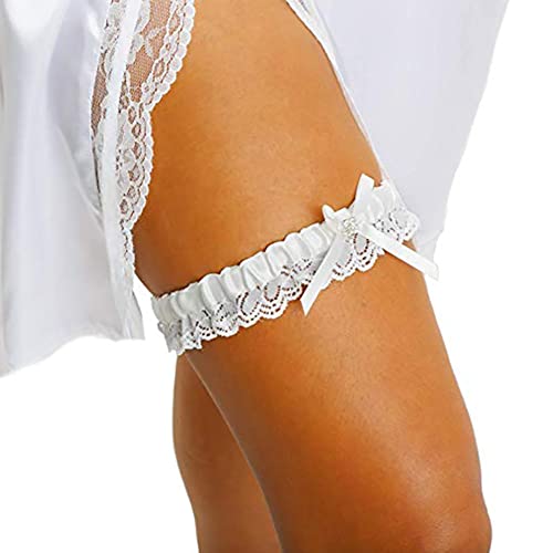 Carufin Hochzeit Bridal White Lace Strapsband Schleife Strass Bein Elastische Ärmel Bein Ring Prom Dance Cosplay Party für Frauen und Mädchen, Einheitsgröße, Kunstfaser, weiß, Einheitsgröße von Carufin