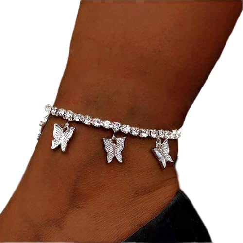 Carufin Kristall-Schmetterlings-Fußkettchen Silber verstellbare Fußkettchen für Frauen Mädchen Strand Fußkettchen Schmuck Geschenke von Carufin