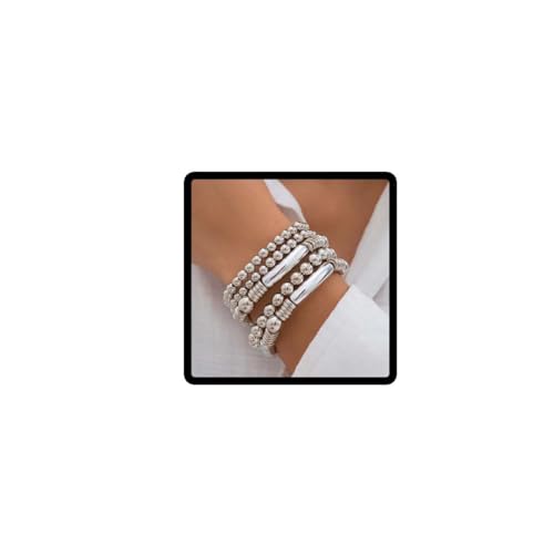 Carufin Mode Perlenschmuck Runde Perlenkette Frauen Gestapelt Elastisches Armband Set (Silber) von Carufin