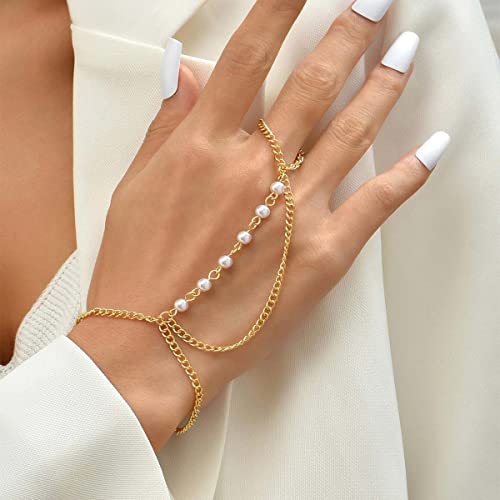 Carufin Pearl Chain Link Ring Bracelets Gold Splicing Hand Harness Armreif Fingerringe Hand Accessoires für Frauen und Mädchen von Carufin