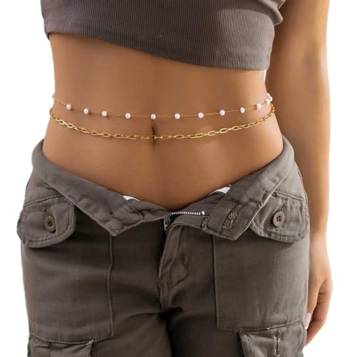Carufin Perle Quaste Doppelschicht Taille Kette Körper Ketten Bauch Gürtel Sommer Strand Kostüm Einstellbare Schmuck für Frauen Mädchen (Gold) von Carufin