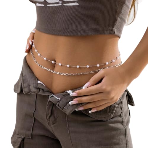 Carufin Perle Quaste Doppelschicht Taille Kette Körper Ketten Bauch Gürtel Sommer Strand Kostüm Einstellbare Schmuck für Frauen Mädchen (Silber) von Carufin