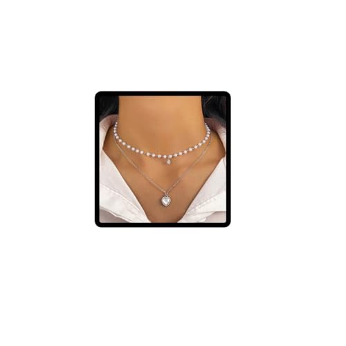 Carufin Perlen Herz Doppelschicht Kristall Perlen Halskette Schmuck Geschenke für Frauen (Silber) von Carufin