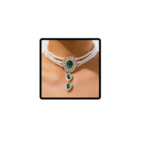 Carufin Retro Perlenkette Armbänder Braut Hochzeit Halskette Armbänder Kristall Halskette Brautschmuck Zubehör für Frauen Mädchen (Grüne Halskette) von Carufin