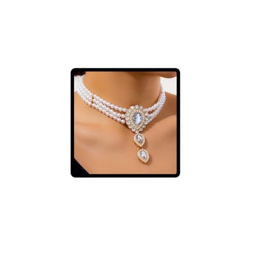 Carufin Retro Perlenkette Armbänder Braut Hochzeit Halskette Armbänder Kristall Halskette Brautschmuck Zubehör für Frauen Mädchen (Weiße Halskette) von Carufin