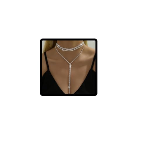 Carufin Schichten Strass Choker Y-Halskette, funkelnde lange Kristall Tennis Kette für Frauen (Silber) von Carufin