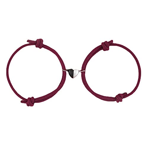 Carufin Schwarz-weiße herzförmige Magnetschnallen-Armbänder Mailänder Seil geflochtene Paare Freundinnen Armband verstellbarer Schmuck für Damen und Herren (Rotwein) von Carufin