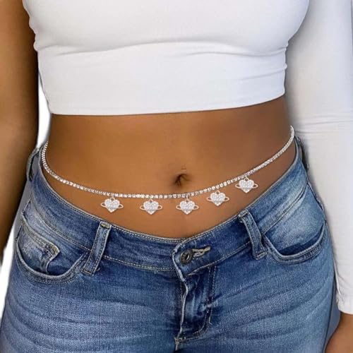 Carufin Stern Anhänger Taillenkette Silber Kristall Herz Körperkette Sexy Bikini Bauchkette Gürtel Sommer Strand Schmuck Einstellbar für Frauen und Mädchen (Herz) von Carufin