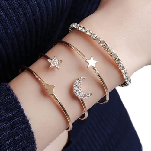 Carufin Stern Mond Armband Boho Offener Kristall Armreif Schmuck Set für Frauen und Mädchen (4er Pack) (Gold) von Carufin