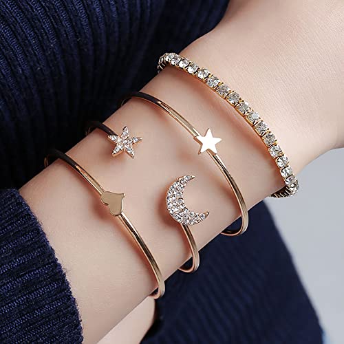 Carufin Stern Mond Armband Boho Offener Kristall Armreif Schmuck Set für Frauen und Mädchen (4er Pack) (Gold) von Carufin