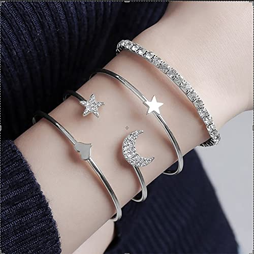 Carufin Stern Mond Armband Boho Offener Kristall Armreif Schmuck Set für Frauen und Mädchen (4er Pack) (Silber) von Carufin