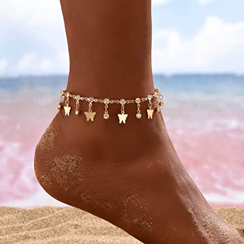 Carufin Türkis Fußkettchen Armbänder Multilayer Schmetterling Fußkettchen Blume Perle Perlen Fußkettchen Zubehör Sommer Strand Fuß Schmuck für Frauen Mädchen (Goldene Schmetterlingsfüße Kette) von Carufin