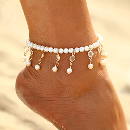 Carufin Türkis Fußkettchen Armbänder Multilayer Schmetterling Fußkettchen Blume Perle Perlen Fußkettchen Zubehör Sommer Strand Fuß Schmuck für Frauen Mädchen (Perlenfüße Kette) von Carufin