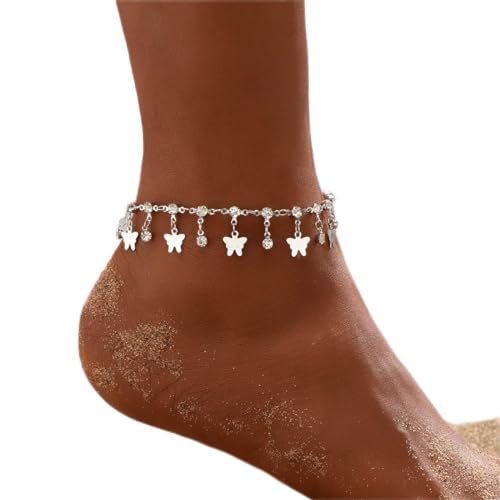 Carufin Türkis Fußkettchen Armbänder Multilayer Schmetterling Fußkettchen Blume Perle Perlen Fußkettchen Zubehör Sommer Strand Fuß Schmuck für Frauen Mädchen (Silberne Schmetterlingsfüße Kette) von Carufin