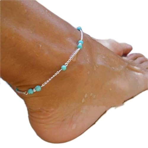 Carufin Türkis Fußkettchen Armbänder Multilayer Schmetterling Fußkettchen Blume Perle Perlen Fußkettchen Zubehör Sommer Strand Fuß Schmuck für Frauen Mädchen (Türkisfarbenes Fußkettchen) von Carufin