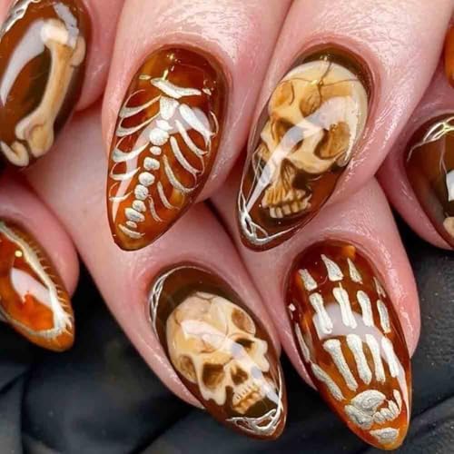 Carufin gotische Halloween Schädel Nail Art Designs, lange Stiletto Press-on Nägel, Skelett und Rose Muster 3 Stile für Frauen (A) von Carufin