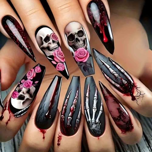Carufin gotische Halloween Schädel Nail Art Designs, lange Stiletto Press-on Nägel, Skelett und Rose Muster 3 Stile für Frauen (C) von Carufin