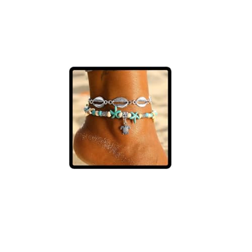 Schildkröte Fußkettchen Carufin Seestern Doppelschicht Türkis Muschel Perlen Fußkettchen Sommer Accessoires Verstellbarer Strand Fußschmuck für Frauen und Mädchen von Carufin
