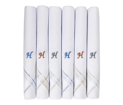 Caruso Italy Men's Initial Monogram H Embroidery 100% Pure Cotton Handkerchief White Base With Colored Border - Pack Of 6 von Caruso Italy