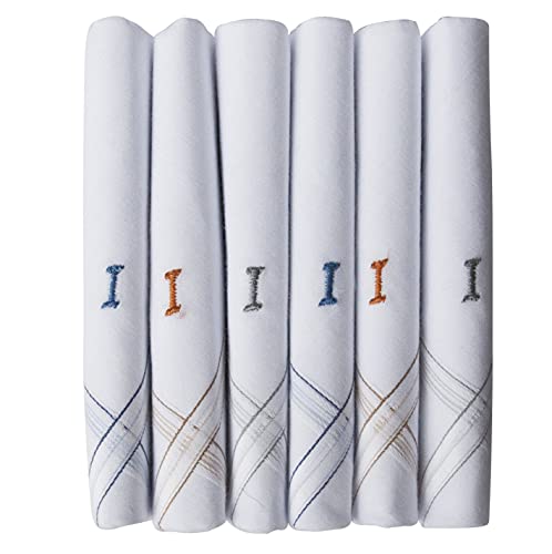 Caruso Italy Men's Initial Monogram I Embroidery 100% Pure Cotton Handkerchief White Base With Colored Border - Pack Of 6 von Caruso Italy