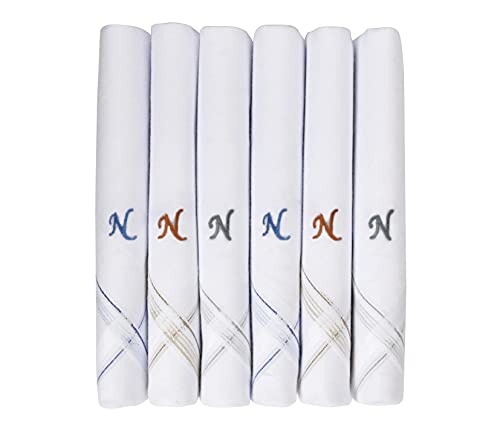 Caruso Italy Men's Initial Monogram N Embroidery 100% Pure Cotton Handkerchief White Base With Colored Border - Pack Of 6 von Caruso Italy