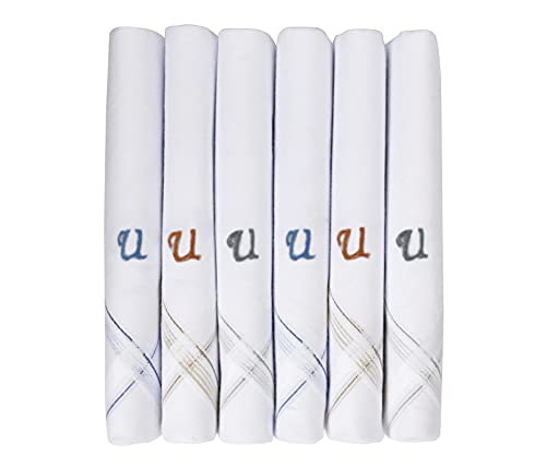 Caruso Italy Men's Initial Monogram U Embroidery 100% Pure Cotton Handkerchief White Base With Colored Border - Pack Of 6 von Caruso Italy