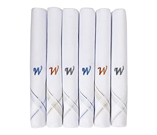 Caruso Italy Men's Initial Monogram W Embroidery 100% Pure Cotton Handkerchief White Base With Colored Border - Pack Of 6 von Caruso Italy