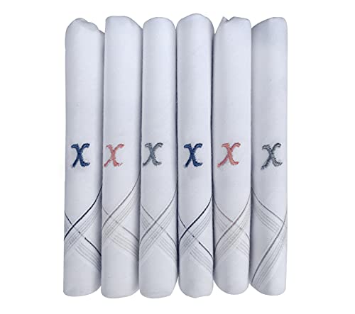 Caruso Italy Men's Initial Monogram X Embroidery 100% Pure Cotton Handkerchief White Base With Colored Border - Pack Of 6 von Caruso Italy