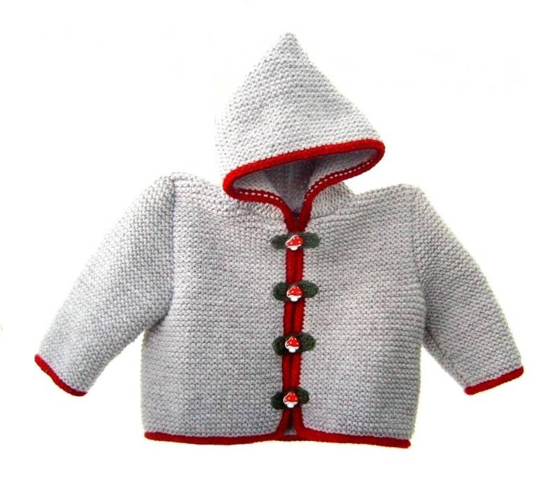 Baby-strickjacke Mit Kapuze - Größe 80/86 Hellgrau-Rot Handgestrickt Baby-strickjacke Mit Kapuze - Größe 80/86 Hellgrau-Rot Handgestrickt von CarvoKnitDesign