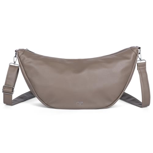 Cas8 Moon Bag ELLA 33859 – große Damen Umhängetasche, Halbmond Tasche mit Reißverschlussfächern, längenverstellbarer & abnehmbarer Schultergurt, Gun Metall Zipper, schlamm von Cas8