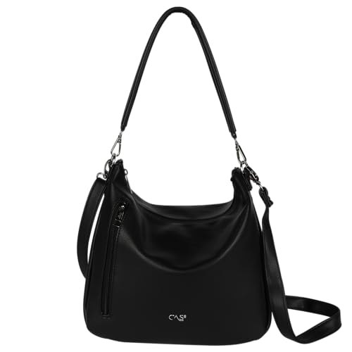 Cas8 Shopper Tasche Damen LAURA 9072 - Schultertasche mit Schultergurt, handbag mittelgroß, Umhängetasche, PU Material, Reißverschlussfach, Beuteltasche, Bag, black von Cas8